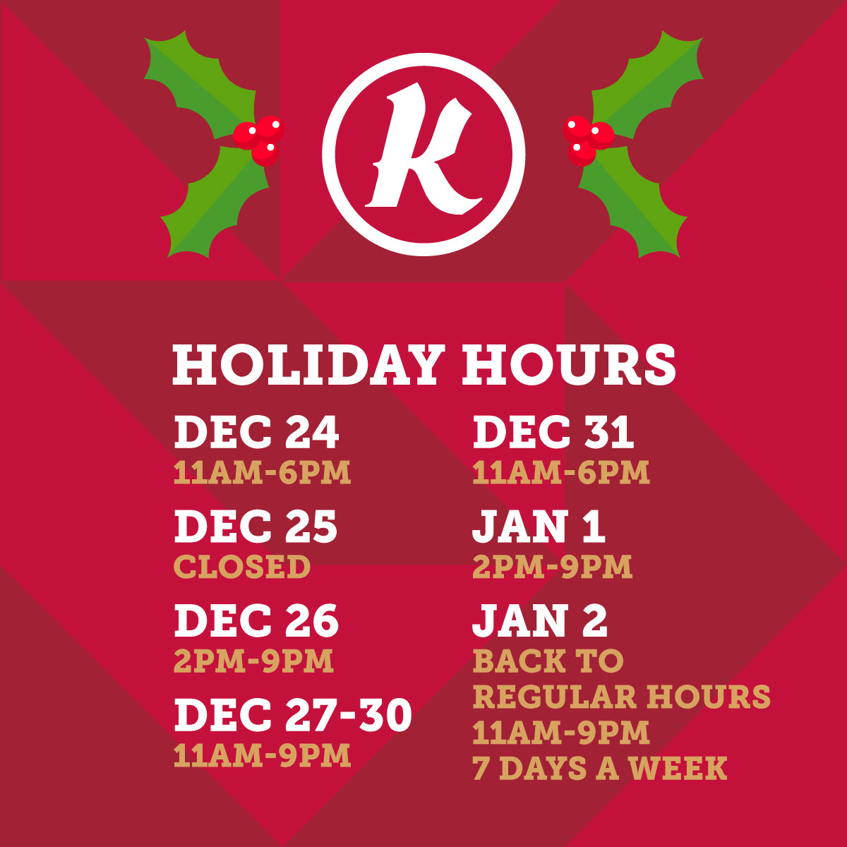 Holiday Hours Kichesippi Beer Co